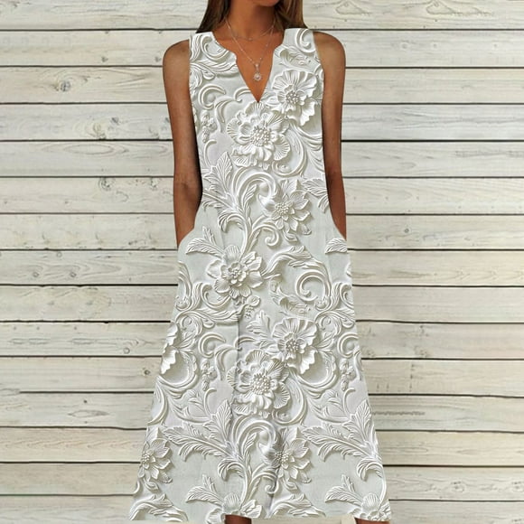 Aqestyerly Women's Sleeveless V-Neck Sundress Summer Casual Dress Gradual Neck Long Dress Relaxed Fit for Summer Utility Wear