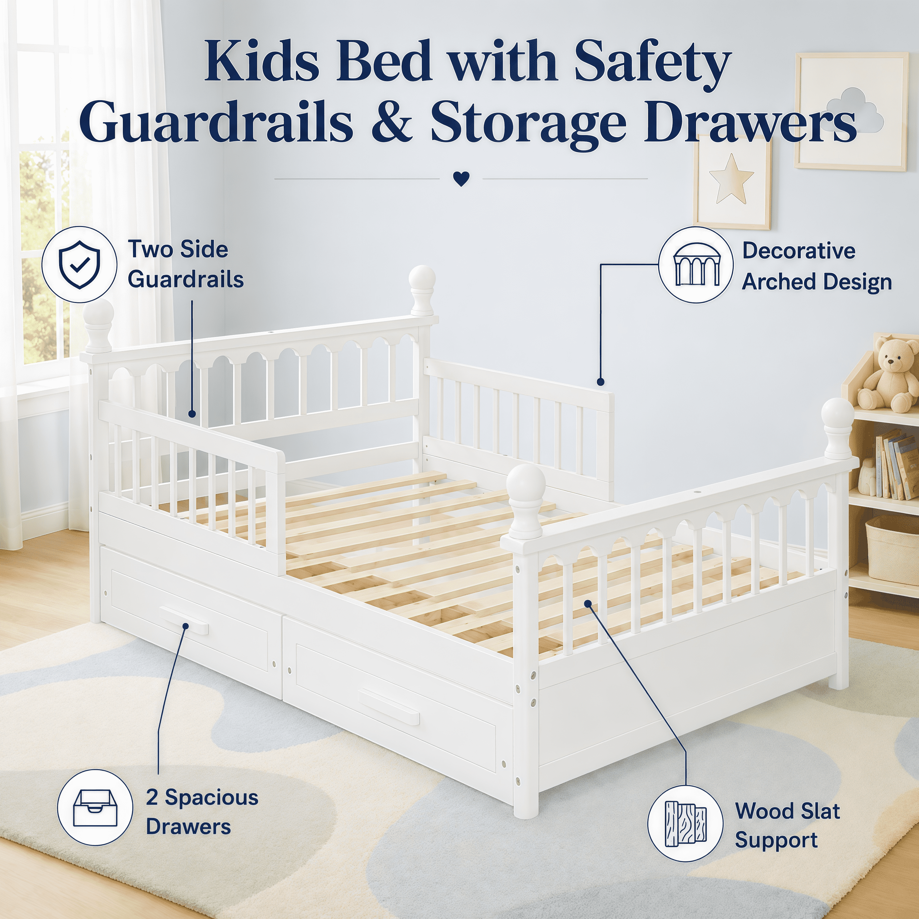 Euroco Wood Twin Size Platform Bed with Drawers, Low Profile Kids Bed with Safety Guardrails, No Box Spring Needed, White