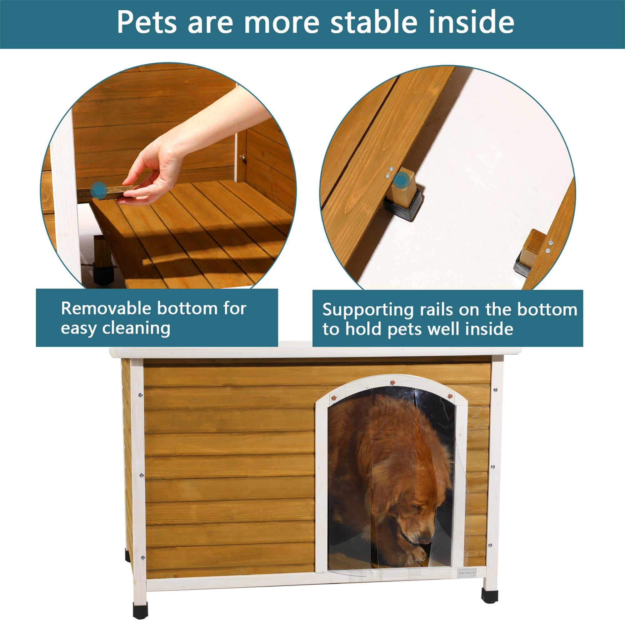 Demi Bonn 45" Outdoor Wooden Dog Houses with An Open Roof, Elevated Floor, Weatherproof Dog Kennel, Indoor Cat House, Yellow
