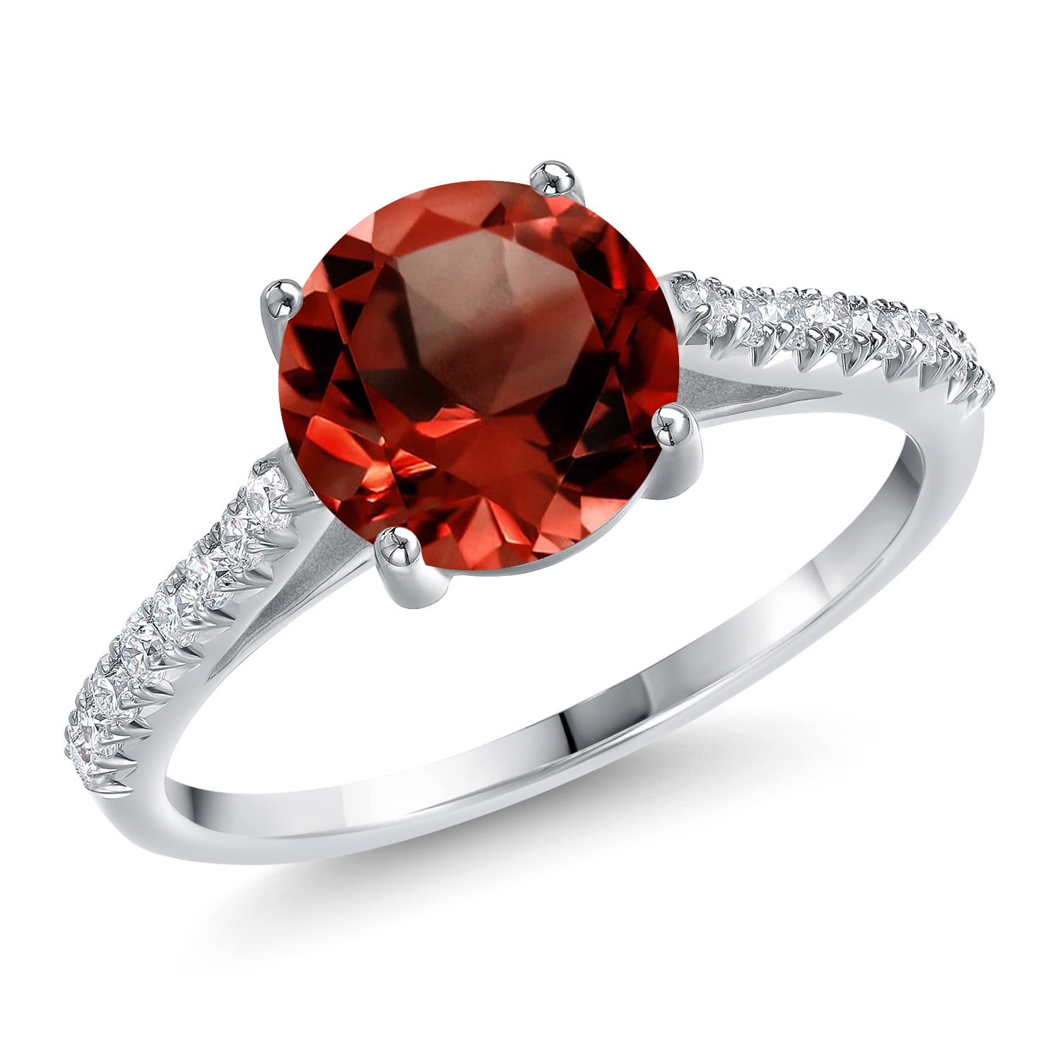 Gem Stone King 14K White Gold Red Garnet and White Lab Grown Diamond Engagement Ring for Women | 2.76 Cttw | Round 8MM | Gemstone January Birthstone | Size 6