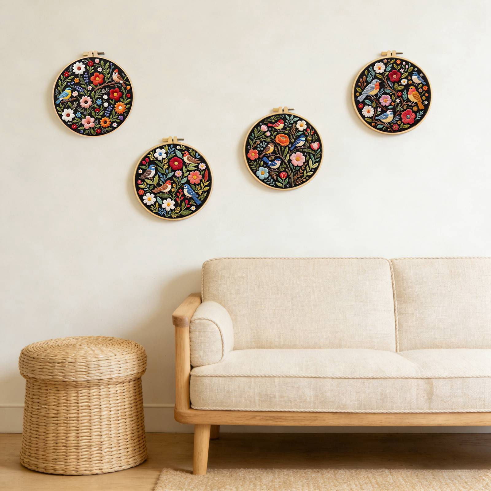 4PCS Embroidery Kit for Beginners, Birds with Flowers Cross Stitch Set for Include Embroidery Cloth Hoops Threads for Craft Lover Hand Stitch