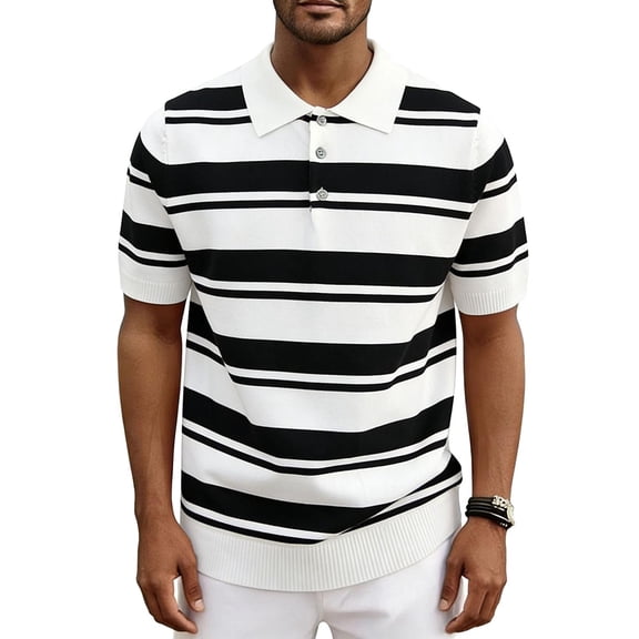 Ceisia Men's Horizontal Striped Knit Polo Shirt Short Sleeve Casual Slim Fit Ribbed Knitwear White XXL Gifts for Father