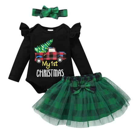 

KTMKH Casual Style Outfits Set For Girls Christmas Top Plaid Mesh Long Sleeve Wearing A Bow At The Waist Yarn Skirt Princess Skirt Holiday Leisure Set size 0-3 Months