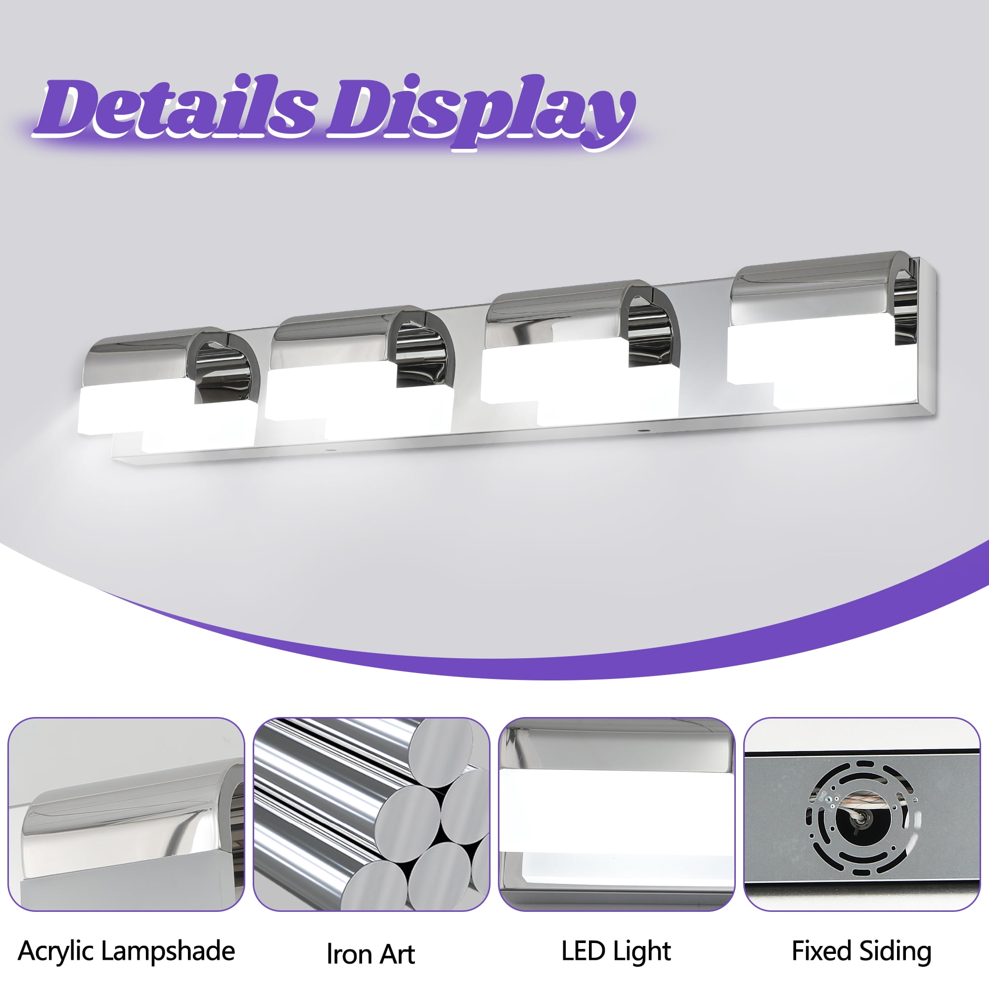 GCGAFUL 30 in. 4-Light Modern Chrome LED Vanity Light Bar with Acrylic Shades for Mirror, Shower, and Bathroom Decor