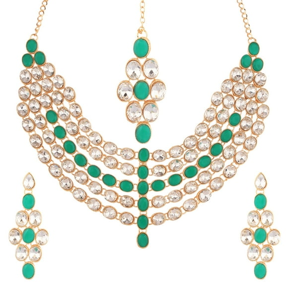 Efulgenz Indian Jewelry Choker Kundan Crystal Multi Layered Necklace Earrings Maang Tikka Head Chain Bollywood Wedding Bridal Set