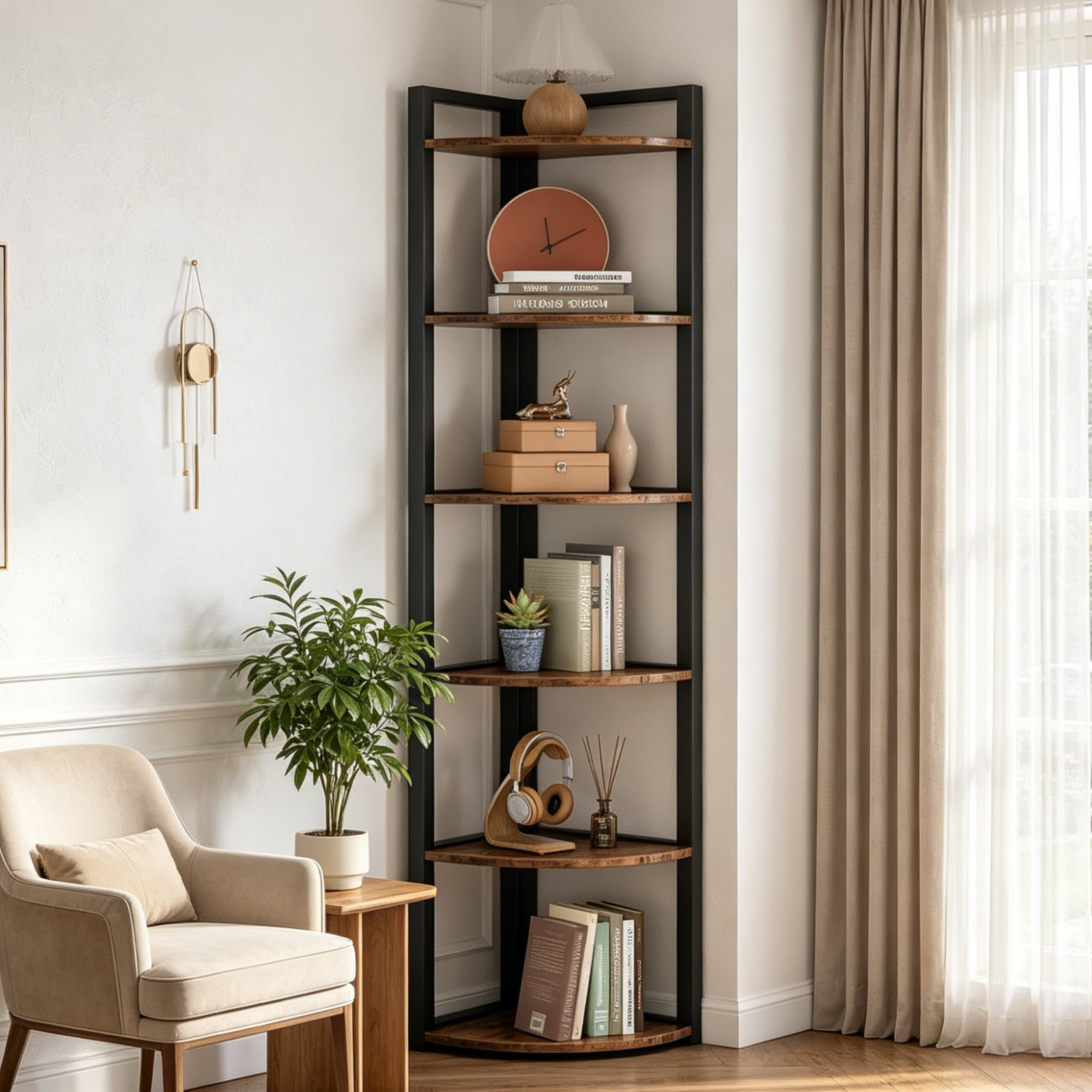 Fnova 70.9" 6-Tier Corner Shelf, Rustic Corner Bookshelf, Compact Storage Rack for Living Room, Home Office, Kitchen