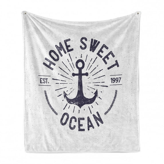 Anchor Soft Flannel Fleece Throw Blanket, Home Ocean Lettering on a Nautical Sketch with Worn out Background, Cozy Plush for Indoor and Outdoor Use, 70" x 90", Navy Blue and White, by Ambesonne