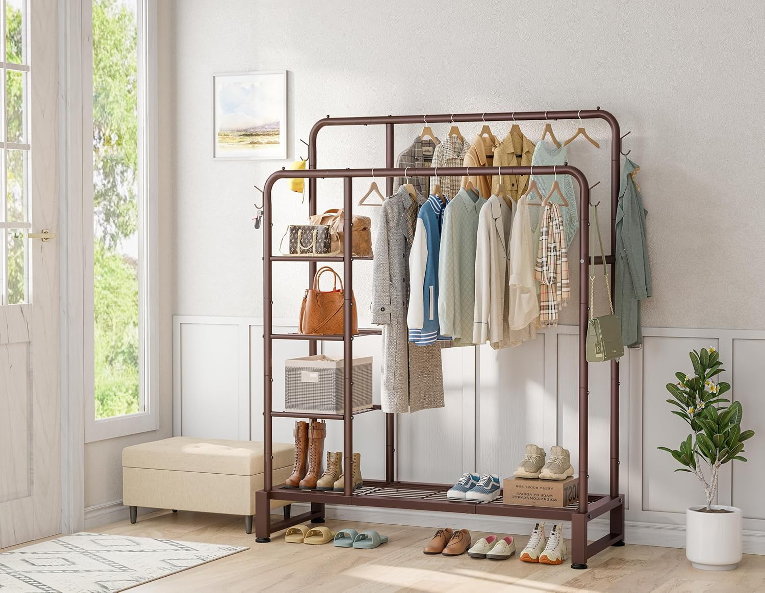 Double Rods Clothes Rack Clothing Rack with  Storage Shelves Clothes Rack for Hanging Clothes Multifunctional Heavy Duty Clothes Organizer with Hooks for Bedroom,Wardrobe Closet,Shop