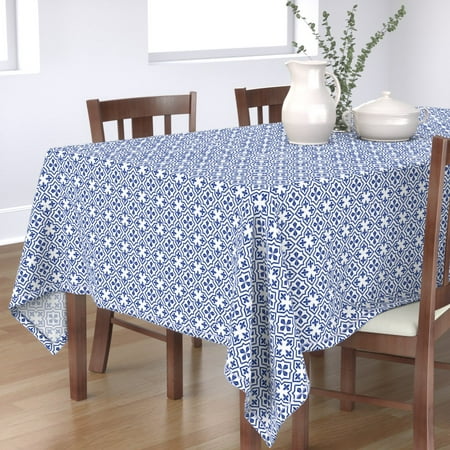 

Cotton Sateen Tablecloth 70 x 90 - Delft Fleur Blue White Geometric Pattern Cobalt Spanish Tiles Floral Squares Abstract Kitchen Decor Print Custom Table Linens by Spoonflower