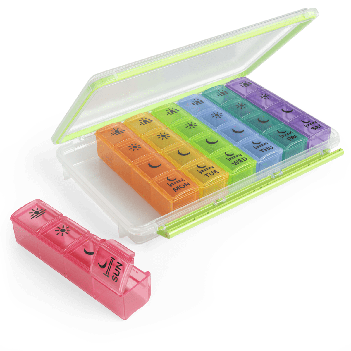 Ezy Dose Weekly (7-Day) Pill Organizer, 4 Times a Day, Travel Compartments, Rainbow