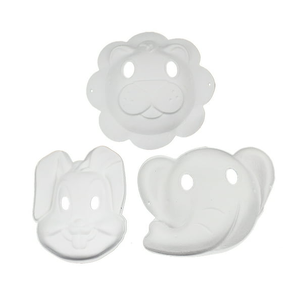 Máscara facial de 3 piezas para animales Máscara en blanco para pintar DIY Máscara ecológica para fiesta de pulpa Disfraz de mascarada Accesorio de cosplay - Elefante Conejo León (Blanco)