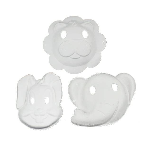 Máscara facial de 3 piezas para animales Máscara en blanco para pintar DIY Máscara ecológica para fiesta de pulpa Disfraz de mascarada Accesorio de cosplay - Elefante Conejo León (Blanco)
