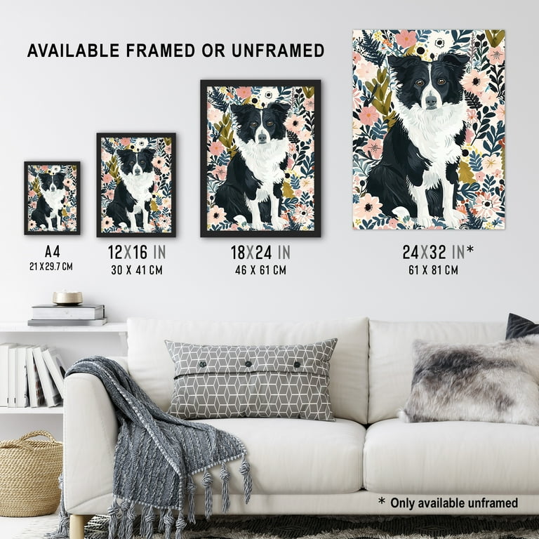 Artery8 Border Collie Dog Lover Pink Floral Portrait Living Room