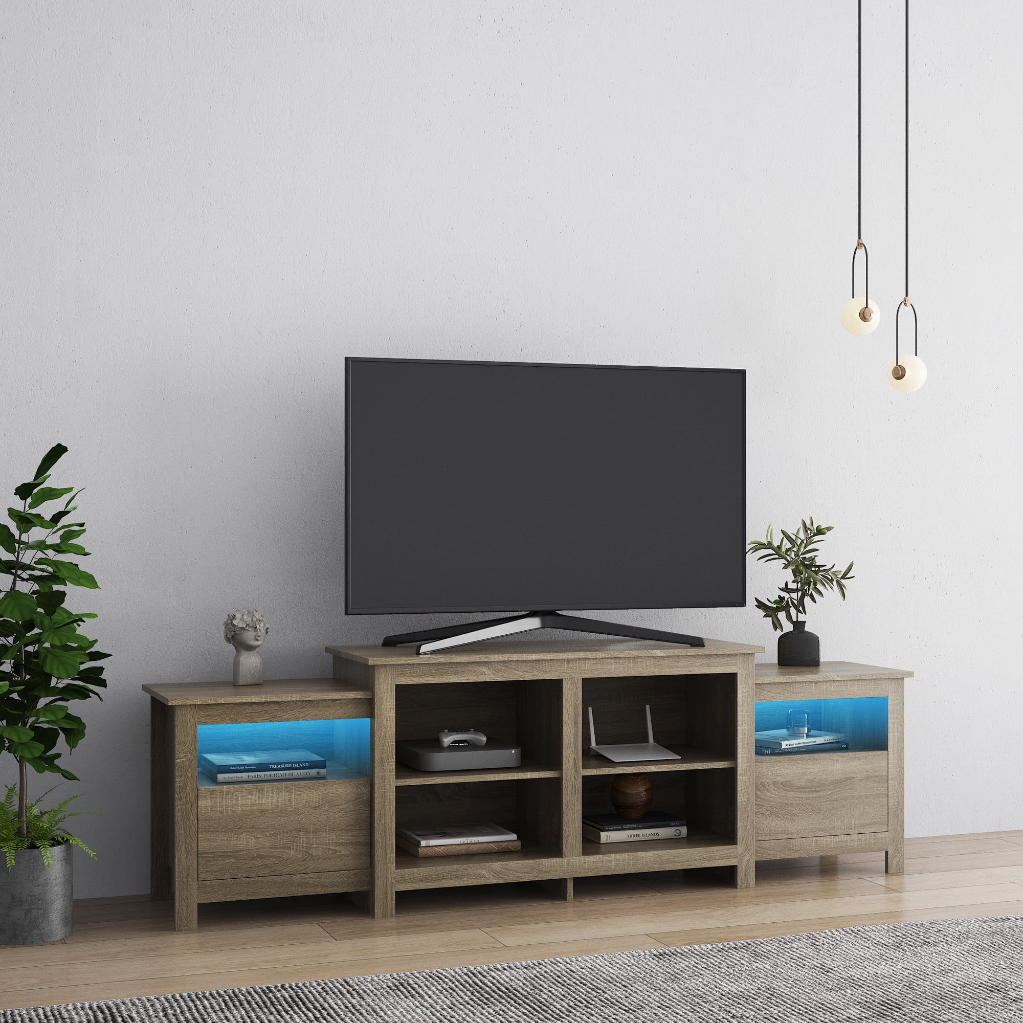 Resenkos Mid Century Modern LED Entertainment Center Wood TV Stand with Media Storage, Light Coffee Resenkos Mid Century Modern LED Entertainment Center Wood TV Stand with Media Storage, Light Coffee