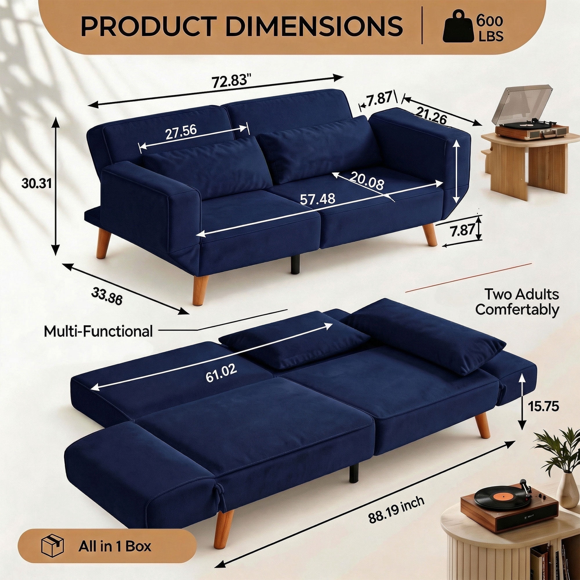 CARZZI LIFE Futon Sofa Bed, Sleeper Sofa, Small Velvet Couch with 5 Adjustable Armrests 3 Splitback Settings 600 LBS Capacity Easy Assembly for Living Rooms Apartments Guest Rooms, Navy Blue