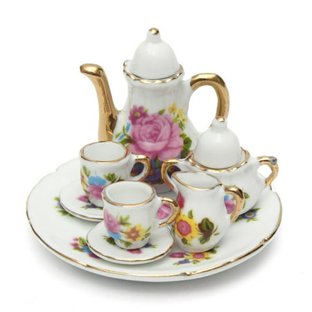 Meigar 8pcs Porcelain Tea Set Teapot Ceramic Retro Style Coffee Teacup Floral Cups Dollhouse Miniature Dining Ware Porcelain Dish Cup Plate