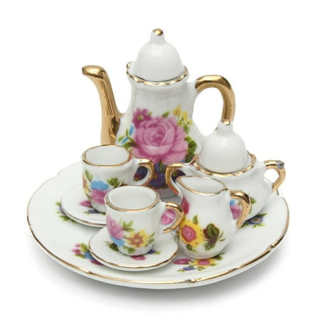 Porcelain Egg Cup Set - Meigar 8pcs Porcelain Tea Set Teapot Ceramic Retro Style Coffee Teacup Floral Cups Dollhouse Miniature Dining Ware Porcelain Dish Cup Plate Rose