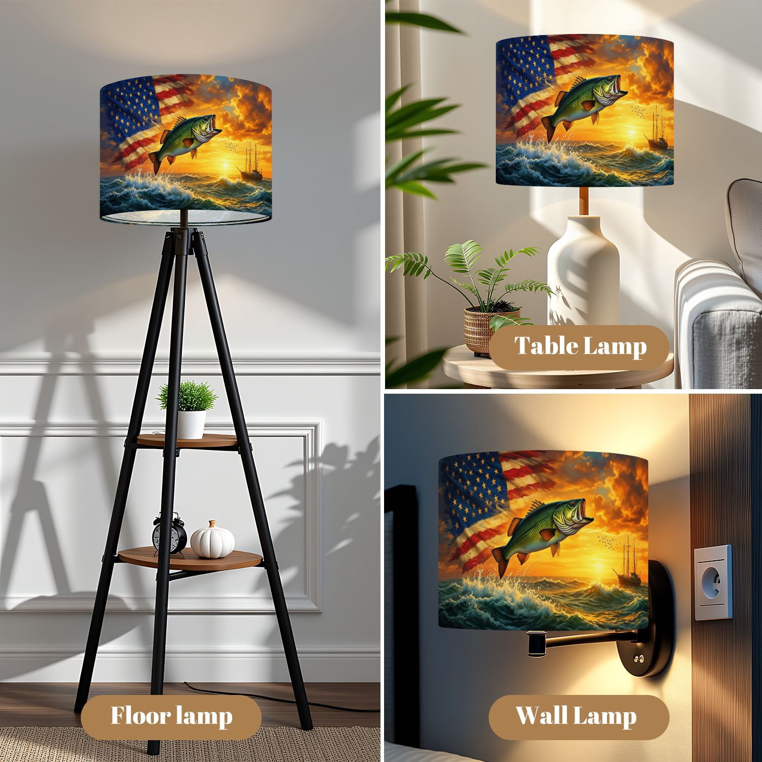 Linen Drum Lamp Shades Bass Fish Leaping Waves American Flag Sunset Independence Day 13" x 13" x 10" Lampshade for Table Lamps Floor Lamps Lamp Shade Replacement Easy Assembly Required