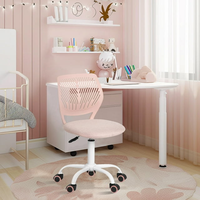 Homy Casa 1-Piece Adjustable Swivel Kids Desk Chair, Armless Upholstered Study Chair with Wheels for Bedroom, Study Desk, Pink