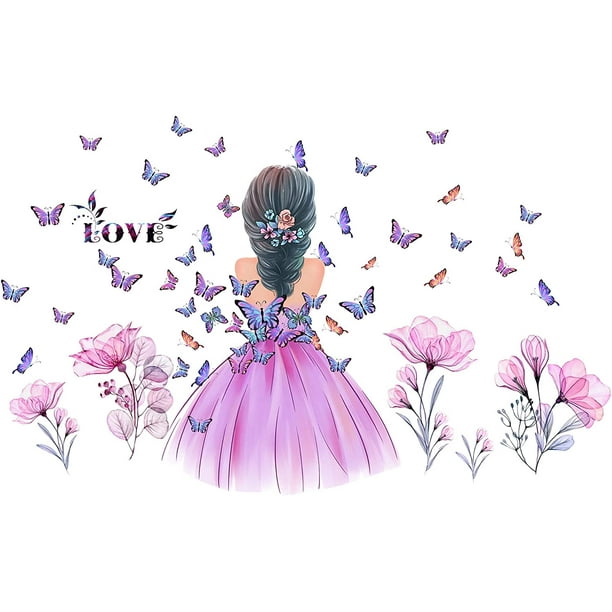 Butterfly Girl Wall Stickers Flower Fairy Wall Decal Pink Floral