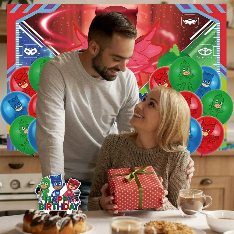 32 Pcs For PJ Masks Party Decoration Set – Includes Backdrop, 18 Balloons, and 13 Cupcake Toppers for Themed Celebrations