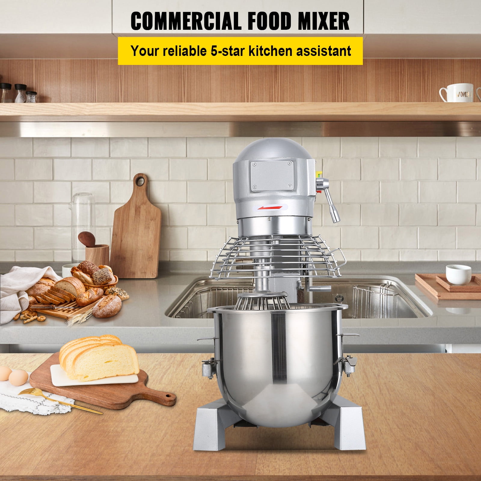 VEVOR Commercial Food Mixer 30Qt 1100W 3 Speeds Adjustable 105/180/408 RPM Heavy Duty 110V with Stainless Steel Bowl Dough Hooks Whisk Beater for Schools