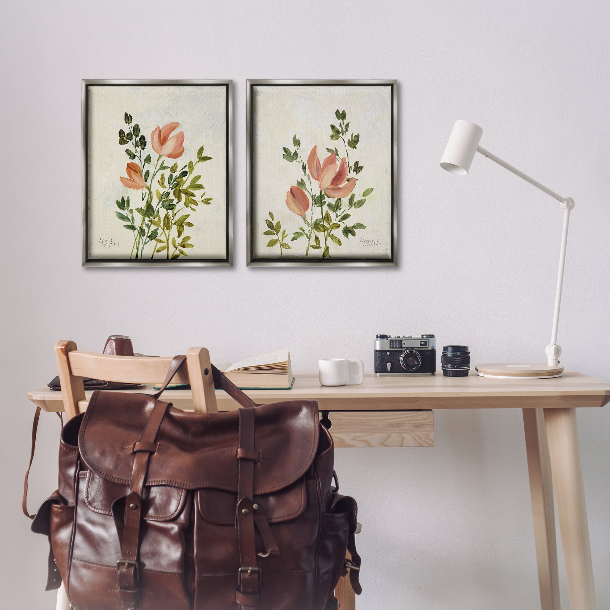 Stupell Industries Vintage Leaves & Bloom Floral & Botanical Painting Gray Floater Framed Canvas Art Print Wall Art, 17 x 21, Set of 2