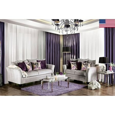 Beautiful Divine Sofa Love-seat 2pc Set in Silver Premium Velvet like Fabric Pillows Purple Made in