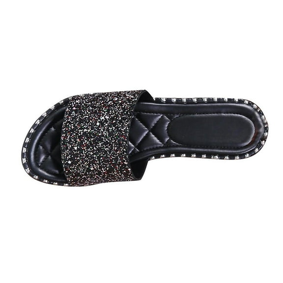 Virmaxy Womens Flat Sandals Women's Summer New Plus Size Frosted Sequin Line Over Beach Flats Light Sandals Black 36