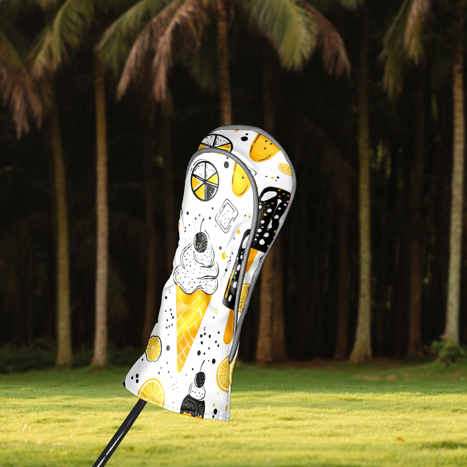 Golf Club Covers PU Leather Waterproof Head Covers for Fairway Woods Hybrids Ice Cream Pattern