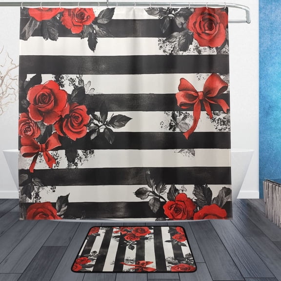 BZSMCE Shower Curtain and Bath Accessory Set,Roses on Stripes Pattern