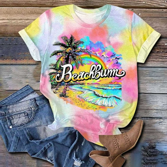 Munlar Tops for Women Hawaiian Spring 2025 Crew Neck Floral Print Casual Short Sleeve T Shirts 3XL