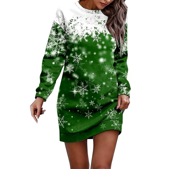 Fiaer Christmas Themed Dresses for Women Retro Long Sleeve Party Tunic Dress Snowflake Graphic Winter Holiday Party Pullover Dress Green XXL