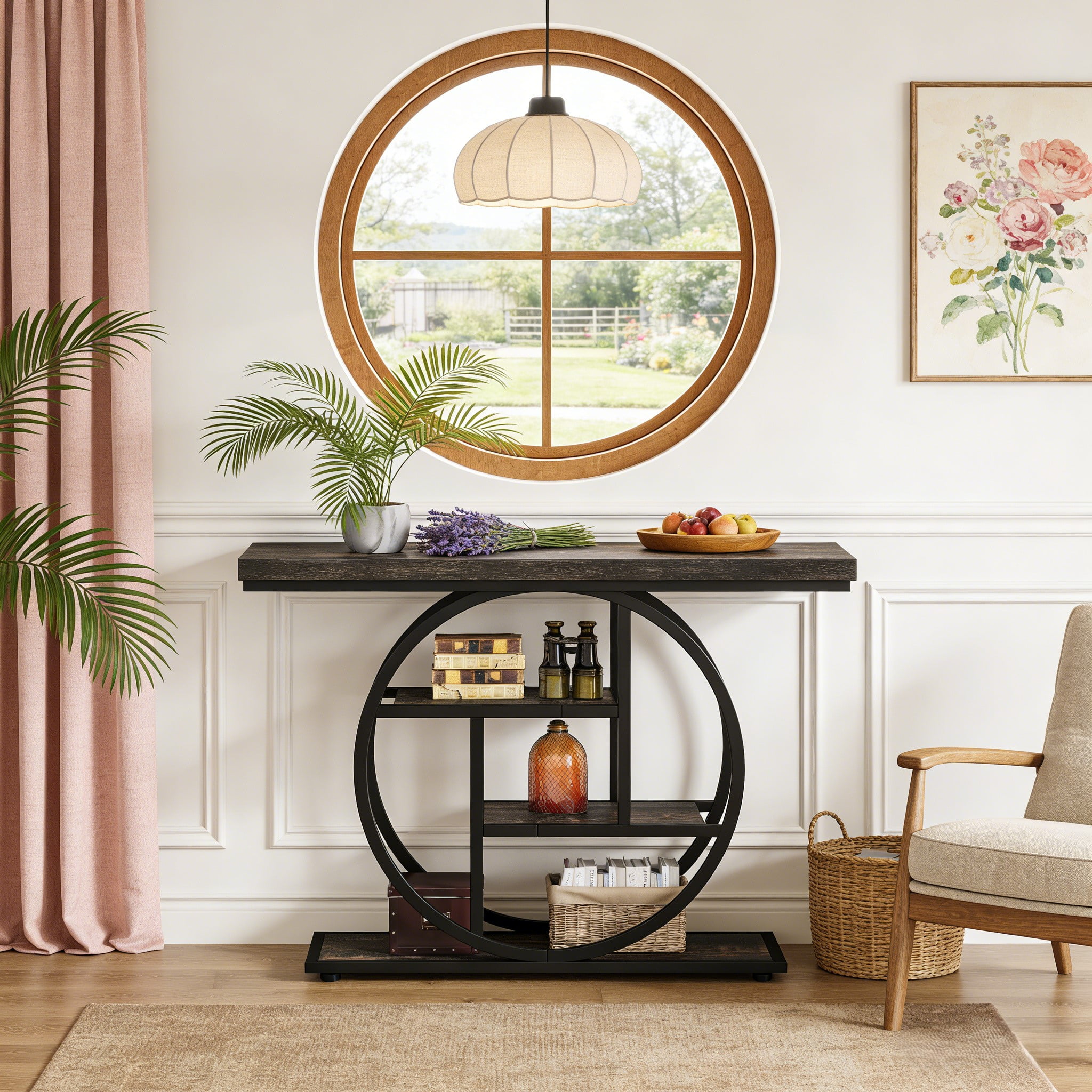Fnova Console Table, Entryway Table with 4-Tier Storage Shelves, 42" Wood Modern Narrow Long Side Table, , Sofa Table, Accent Table for Living Room, Entryway, Hallway, Black