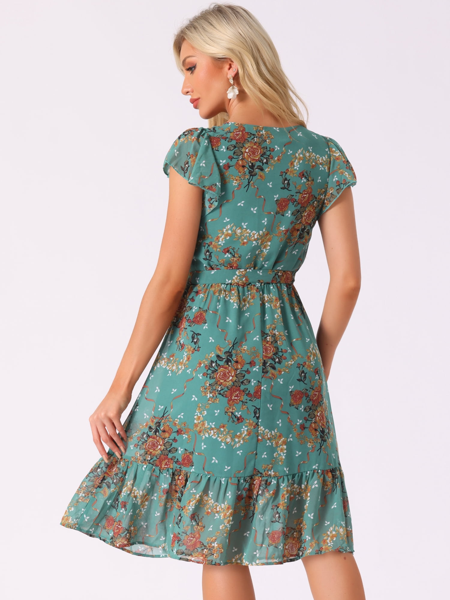 DARING DIVA Square Neck Flutter Sleeve A-Line Midi Dress XS Dark Green