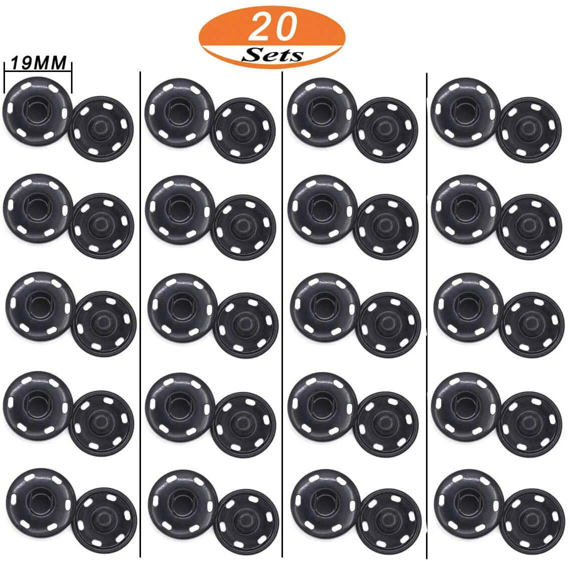 Rust Proof Metal Coat Invisible Sew-on Black Buttons for Clothes Craft Repairs Decoration Opopark Press Studs Snaps Fasteners Buttons 19mm 20 Sets 