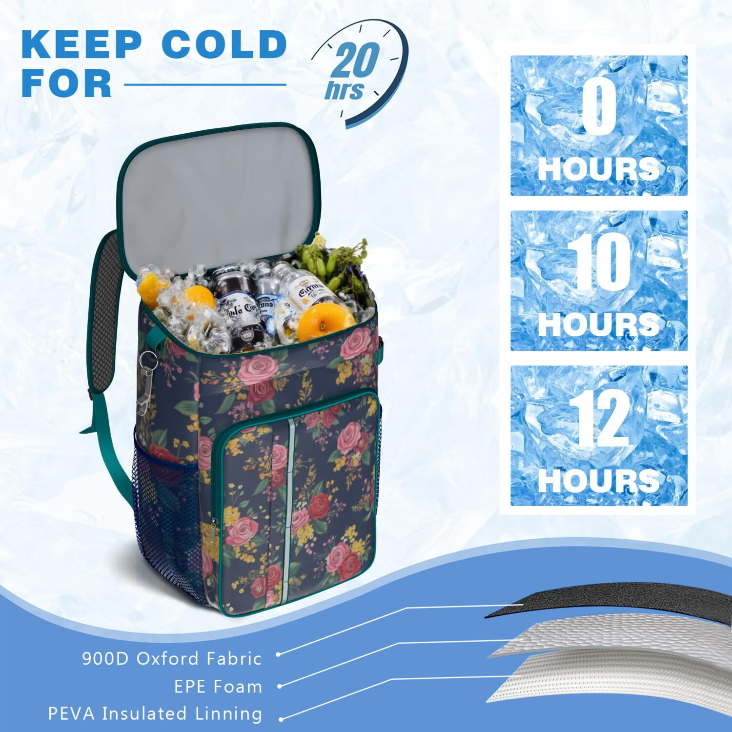 Travel Cooler Bag - Pioneer Flower Floral Print Pattern Camping Beer Cooler Backpack with Bottle Opener- Waterproof Insulated Picnic Backpacks - Cooler Bag for Beach