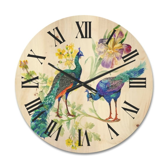 Designart 'Iris Flowers and Peacocks' Traditional Wood Wall Clock