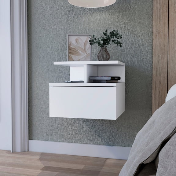 Wall-mountable floating design with 2-tier shelf & 1-drawer / Ideal for bedroom storage in small spaces
