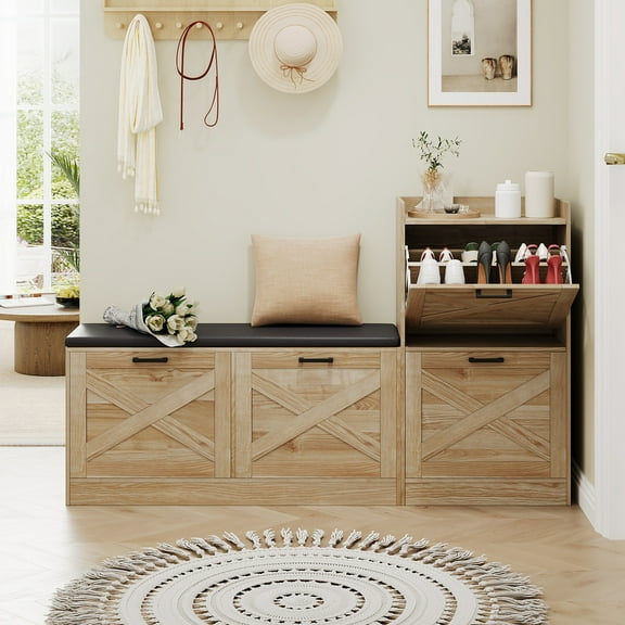 Shoe Cabinet with Bench for Entryway, Farmhouse Shoe Cabinet with 4 Flip Drawers & Padded Seat Cushion for Foyer Hallway