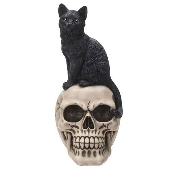 Pacific Giftware Black Cat on Skull Figurine, 9.57-Inch Height, Multicolor