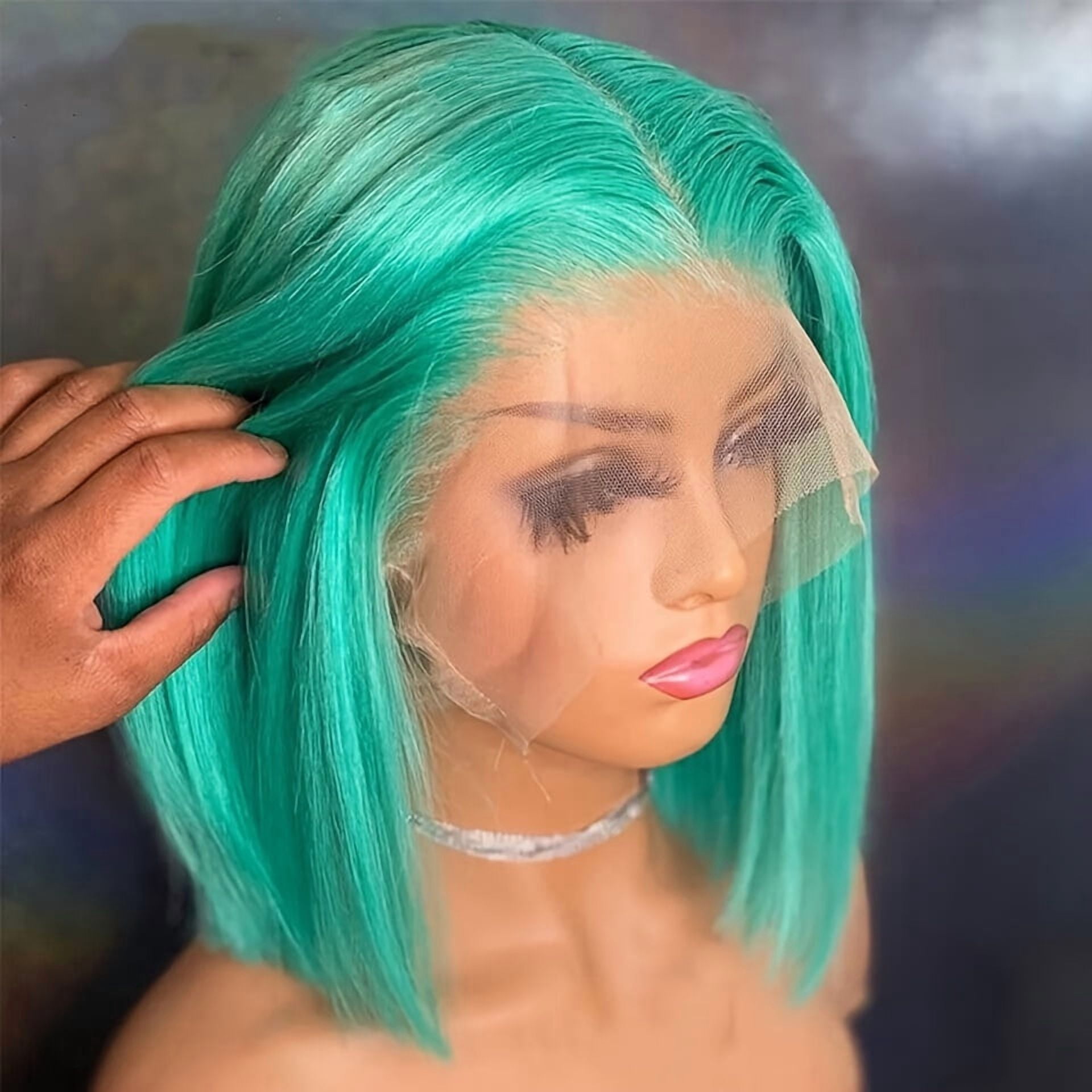 Mscathy Blue Green Colored Double Drawn Remy Brazilian Hair Lace Part Wig With Natural Hairline Short Bob 100% Human Hair 13x4x1 Middle Part Wigs Pre Plucked 180% Density