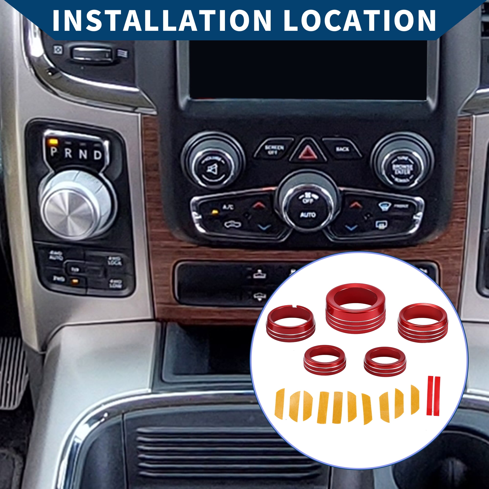 Unique Bargains AC Gear Shift Headlight Media Knob Cover Interior Trim for Dodge for RAM 13-17 Aluminum Alloy Red 5 Pcs