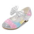 thumbnail image 2 of Xfvqtps New Kids Girls Dress Shoes Chunky Low Heels Velcro Sequins Bow Color Block Colorful Glitter Sparkling Ballet Performance Casual Wedding Party Mary Jane Princess Shoes Silver, 2 of 7