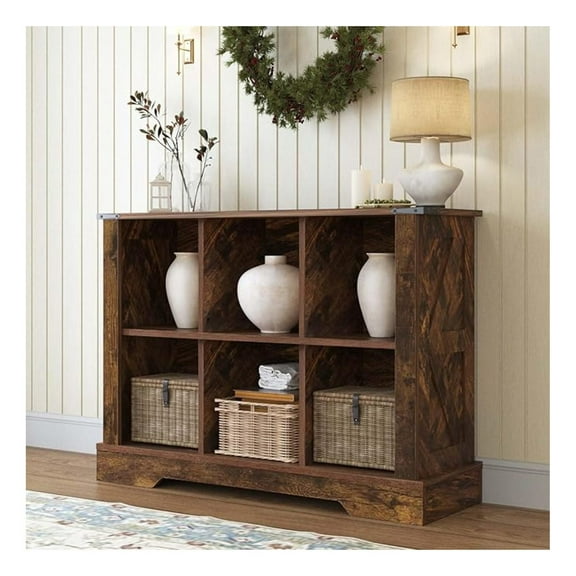 6 Cube Storage Organizer, 2 Tier Bookshelf for Living Room, Farmhouse Bookcase with Led, Kids Toy Storage Cabinet, Wall Cubby Shelves for Home Decor, Wood Display Cabinet for Bedroom, Brown