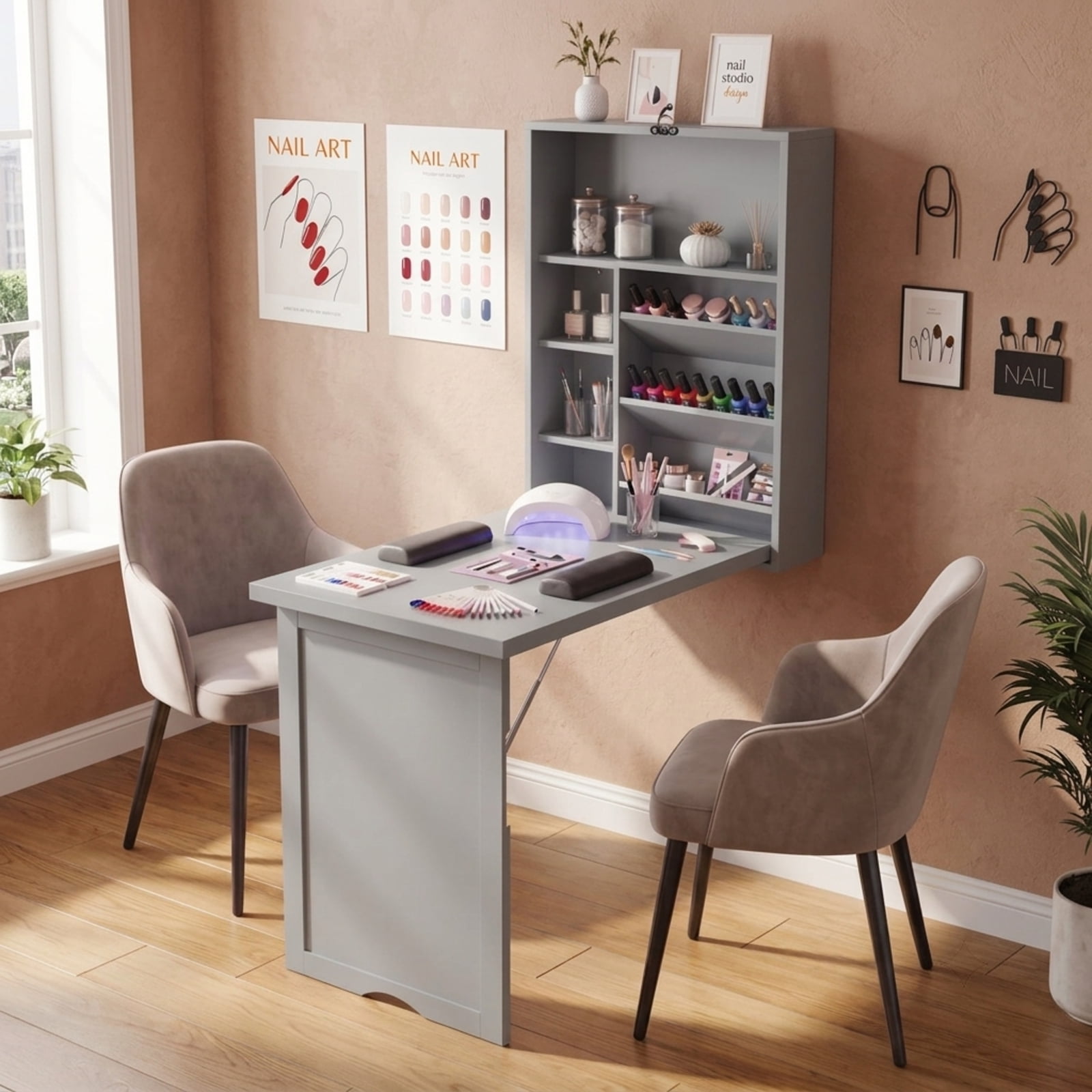Furnibear Wall Mounted Fold Out Convertible Floating Desk Space Saver with Shelves for Small Spaces Home Office Study, Gray