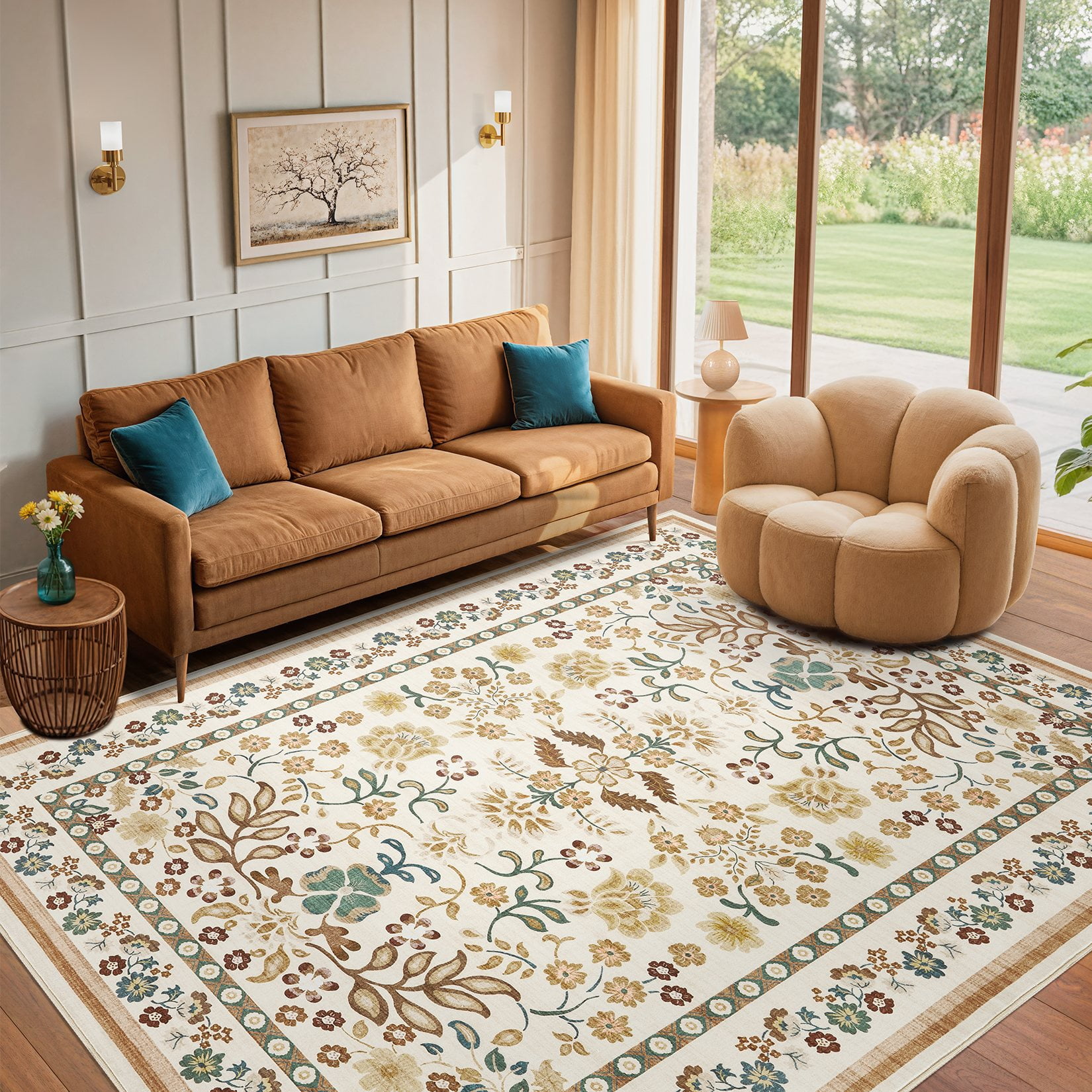 Toyoso 8x10 Area Rug Living Room Rugs - Washable Vintage Floral Soft Thin Large Rug Indoor Floor No Slip Rug Carpet for Bedroom Under Dining Table Home Office Decor - Brown Green