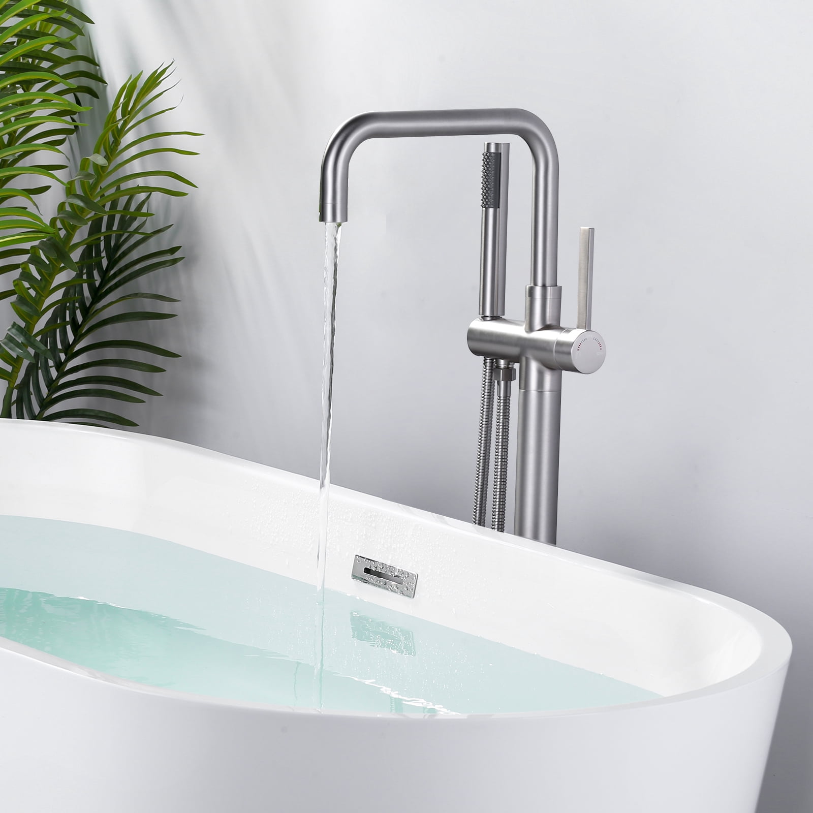 Wowow Single-Handle Freestanding Tub Faucet Floor Mount Bathtub Filler with Hand Shower in Brushed Nickel