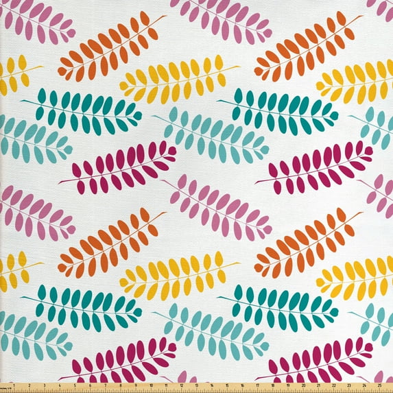 Leaves Fabric by the Yard, Rhythmic Abstract Silhouette Foliage Graphic on Plain Backdrop Pattern, Upholstery Fabric for Dining Chairs Home Decor Accents, White and Multicolor by Ambesonne