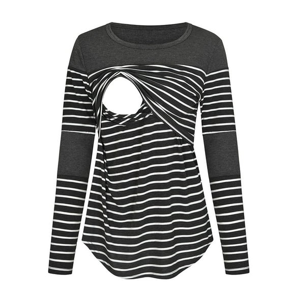 Women Maternity Long Sleeve Striped Nursing Tops T-shirt For Breastfeeding